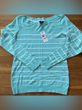 🐬Nautica turquoise/white striped boatneck sweater. Size S. NWT.